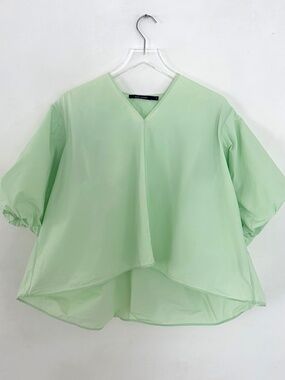 Sofie D'Hoore pistachio cotton poplin top blouse puff balloon sleeve dress O/S
